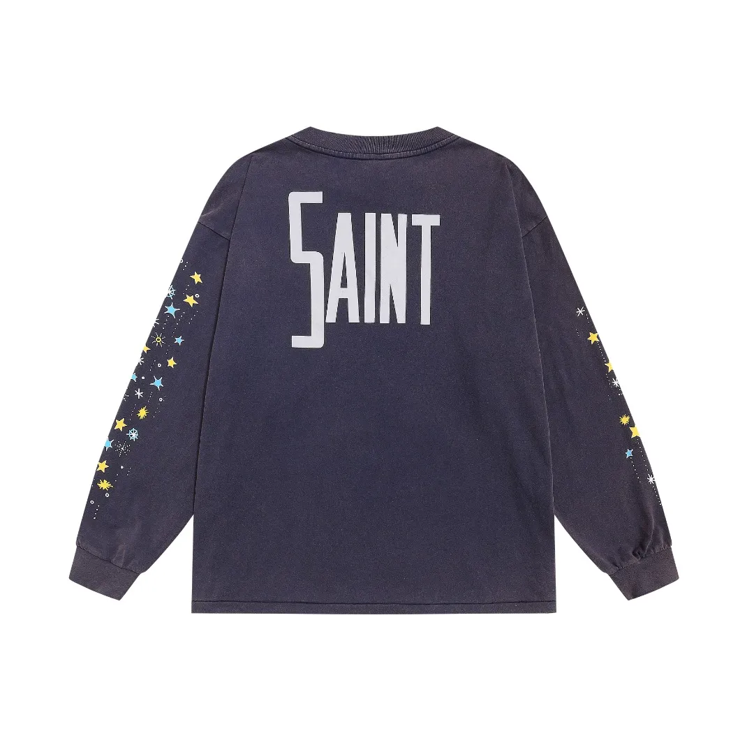 Saint Michael trendy brand fantasy magic FANTASIA cartoon print retro washed and distressed loose long-sleeved bottoming T-shirt Fabric: 260g Style number: SM05 Size: S-M-L-XL Color: blue Price: P156
